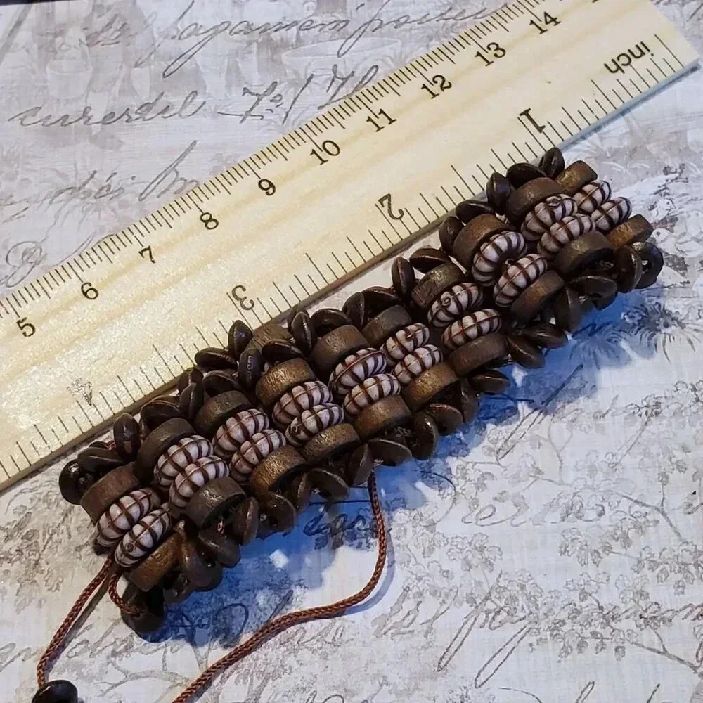 90s Y2K Vintage Brown Wood Acrylic Rondelle Beads OSFA Adjustable Bracelet